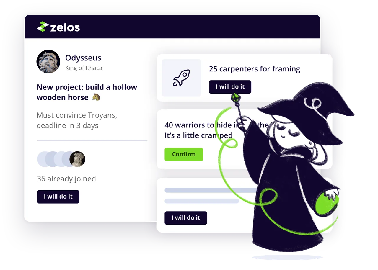 Zelos app interface showing task signup