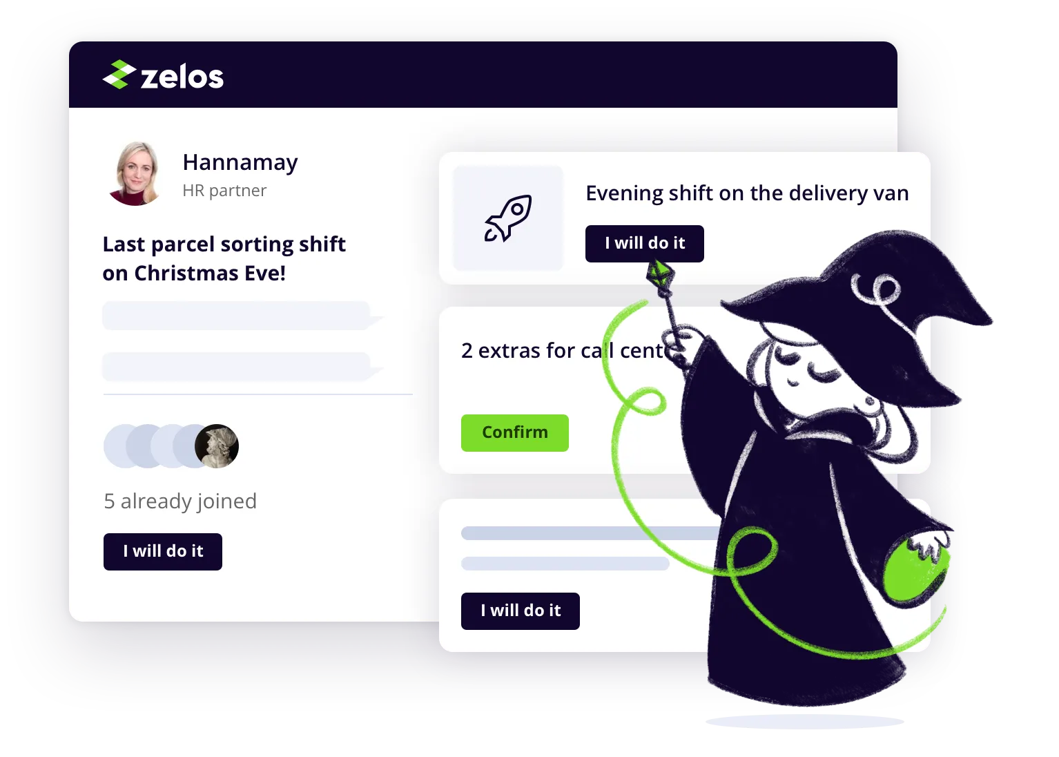 Zelos task management interface illustrating Christmas shift signups at Omniva