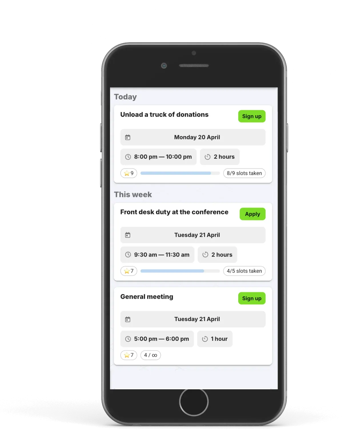 Zelos app interface showing task posting, signups, and built-in chat