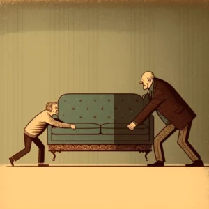 Two men lifting a couch together