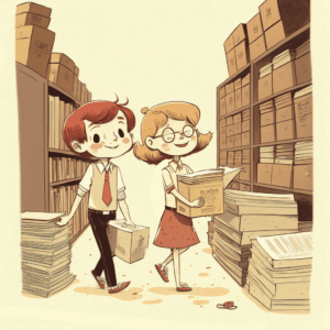 Two volunteers in document archive