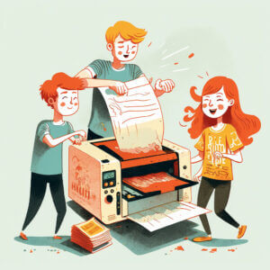 Three volunteers fixing a broken printer