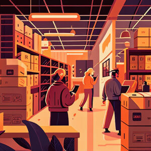 Illustration of hourly employees in a warehouse