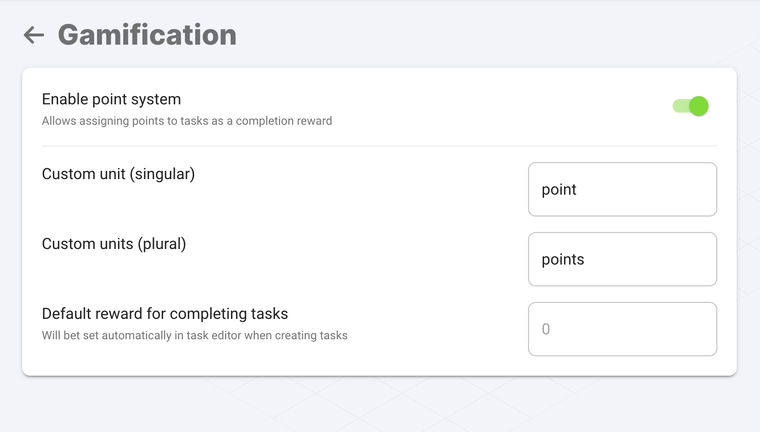 Screenshot of gamification settings in a productivity app