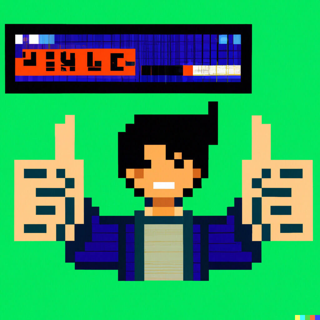 Pixel art of a young man showing thumbs up
