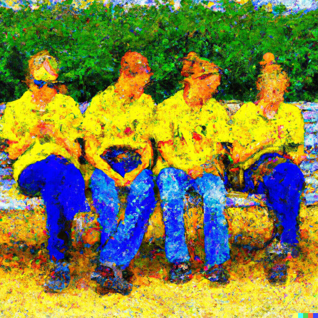 Four young workers sitting on a bench, using smartphones