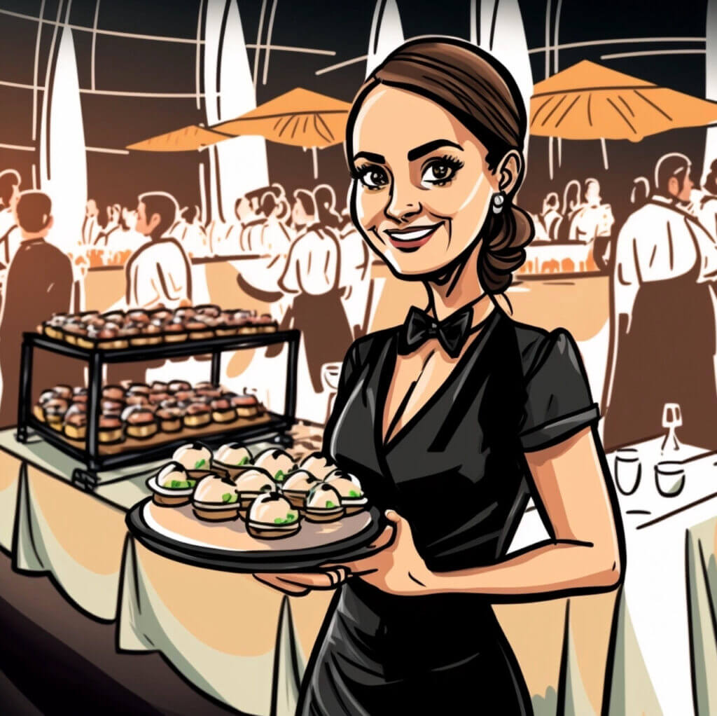 Illustration of an upscale event - a member of catering staff presenting snacks on a tray