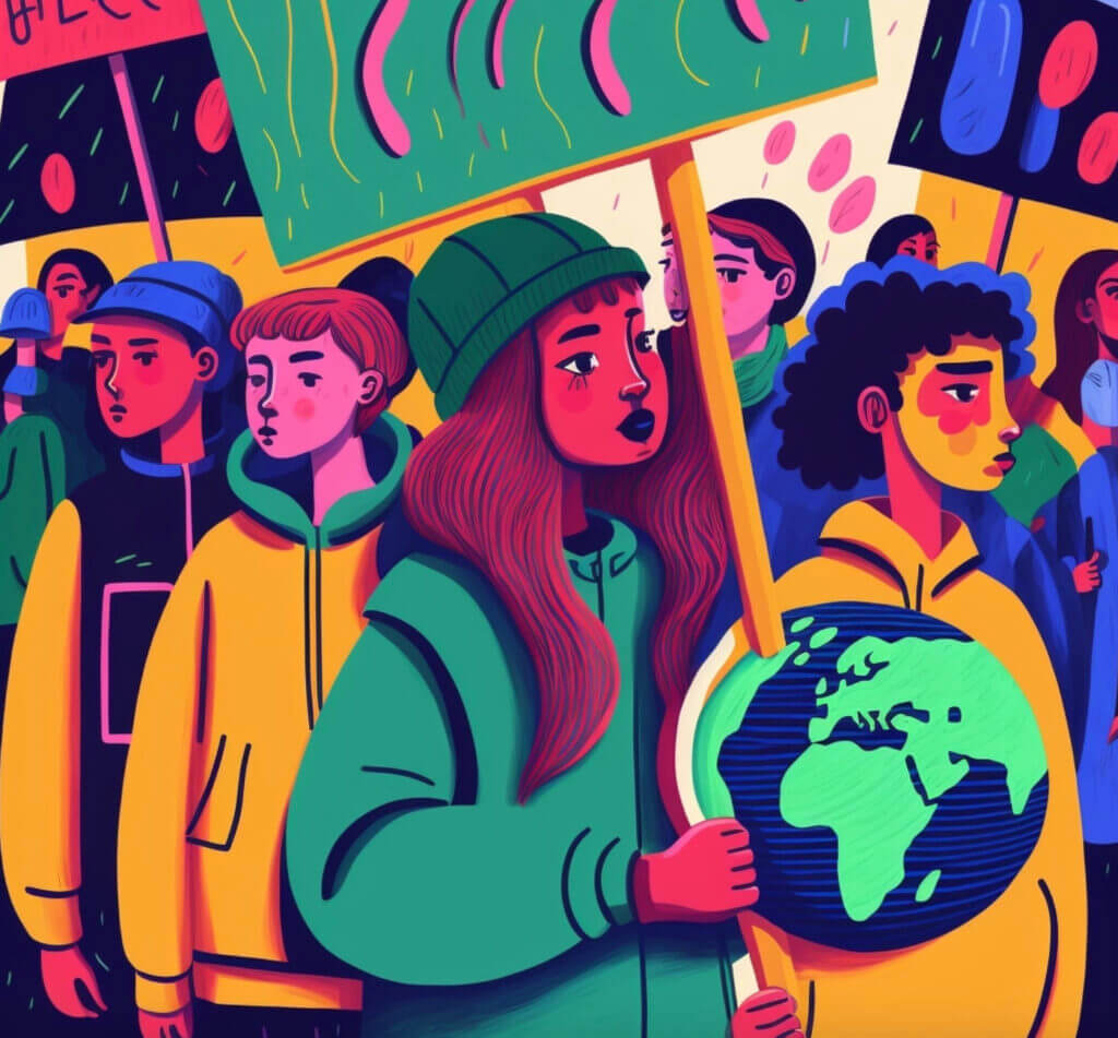 Illustration of youth protesting against climate change - to describe grassroots volunteers