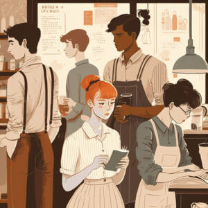 Illustration of frontline workforce in a cafeteria