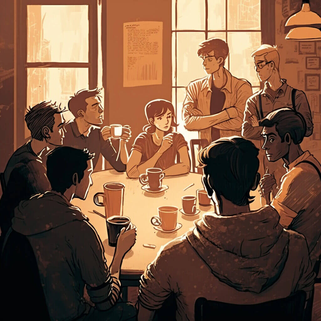 An illustration of a community action group meeting in a cafeteria