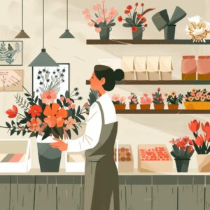 Illustration-style image of an employee working in a flower shop.