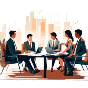 Illustration of five people sitting around a table in an office with laptops and papers.